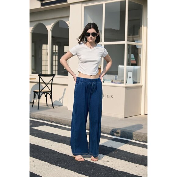 Women’s High Waist Elastic Waist Wide Leg Jeans Casual Trendy Comfort Fit - Picture 6 of 6